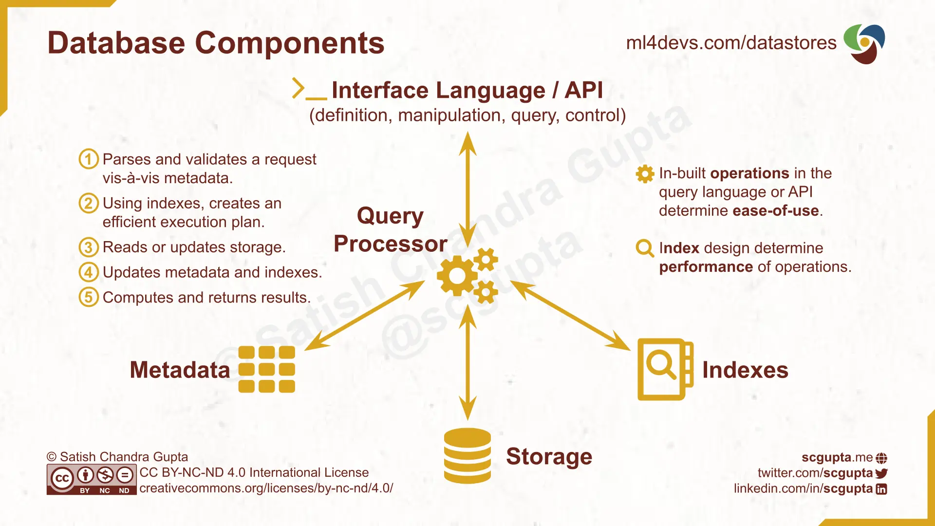 Database Components: interface language, query processor, storage, indexes, and metadata; and the steps performed by the query processor.